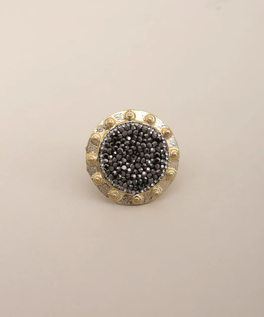 Black Crystal Round Statement Ring Gold Beaded Adjustable
