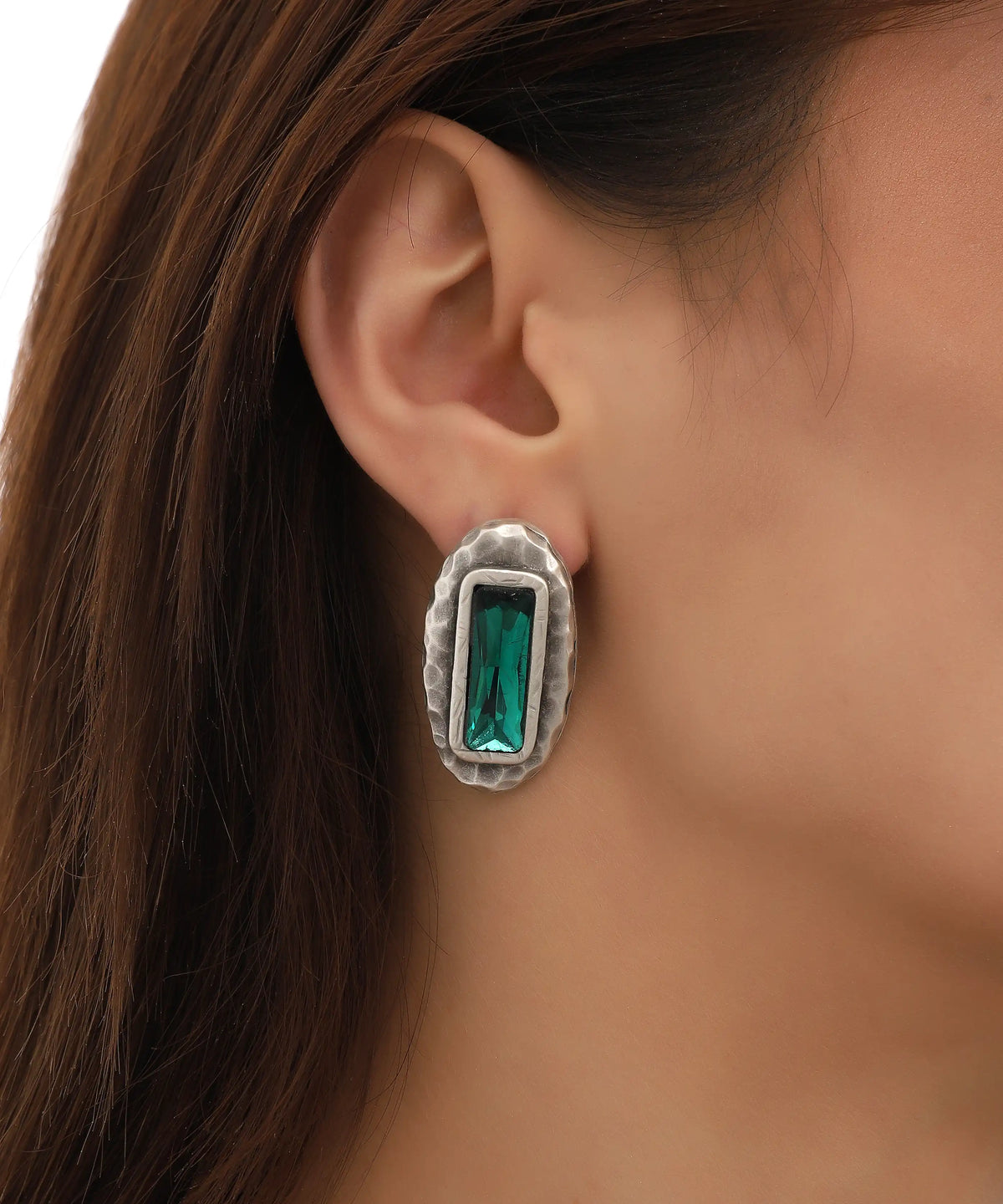 Silver Green Rectangular Stone Earrings