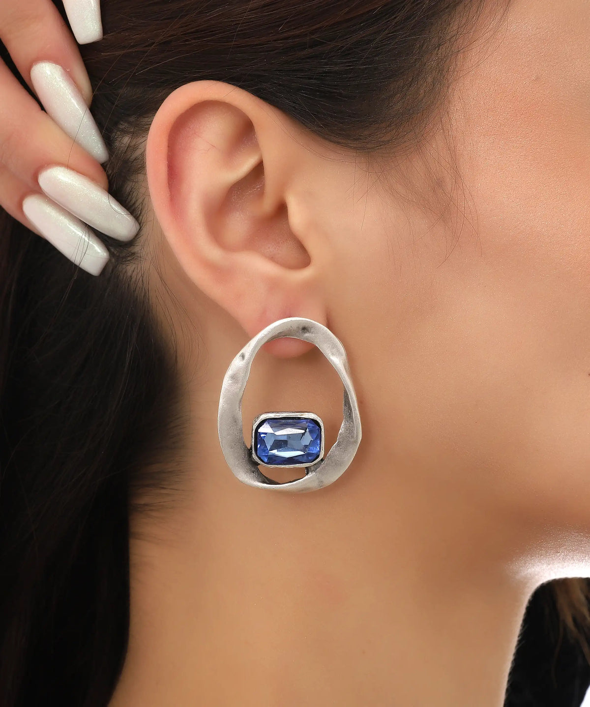 Silver Blue Stone Organic Hoop Drop Earrings
