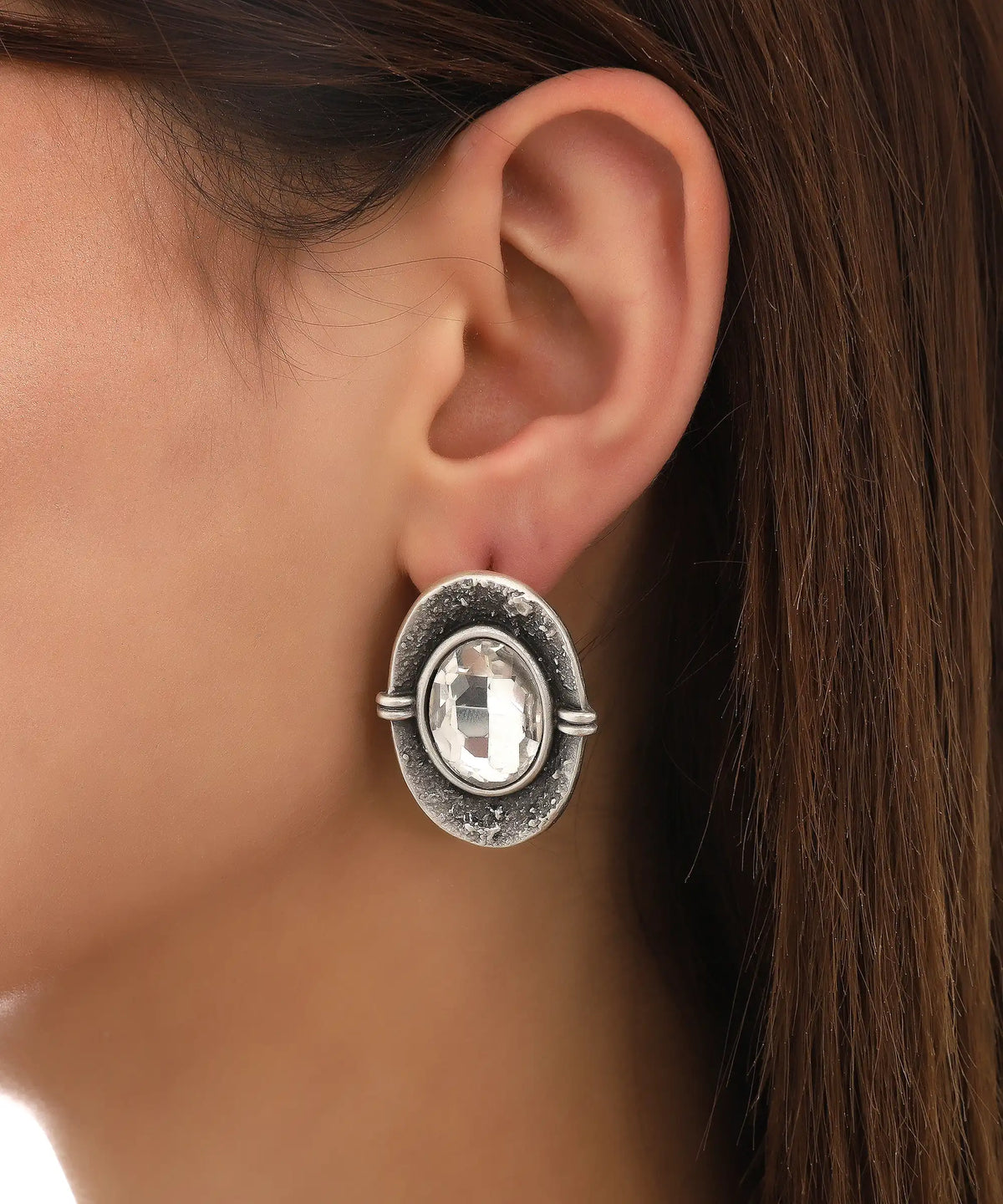 Silver Clear Crystal Oval Statement Earrings