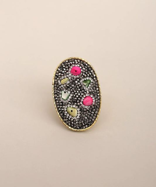 Multi Stone Black Crystal Oval Statement Ring Gold Adjustable