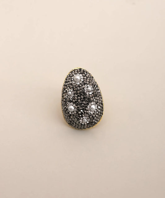 Black Crystal Pearl Oval Statement Ring Gold Adjustable