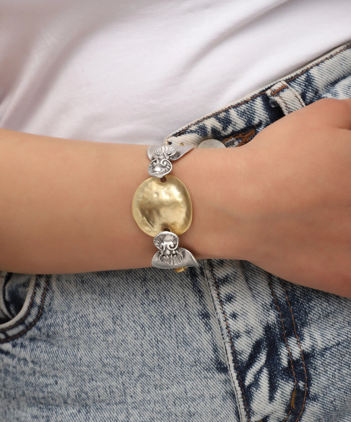 Mixed Metal Hammered Disc Link Bracelet