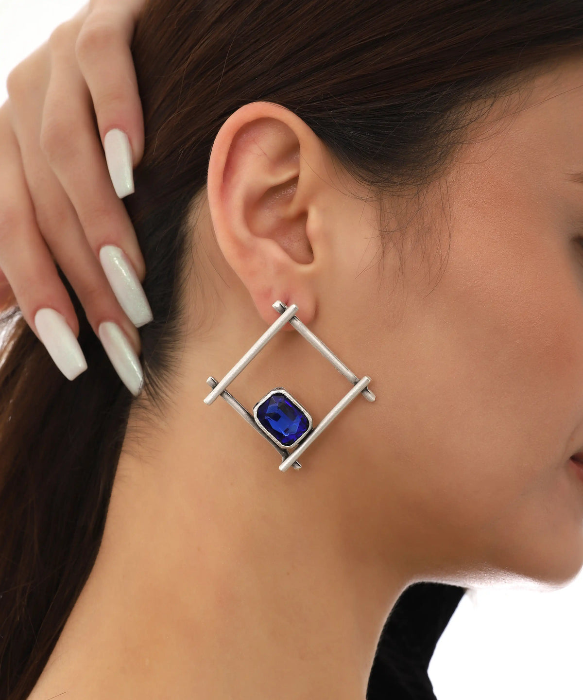 Silver Geometric Blue Gemstone Statement Earrings