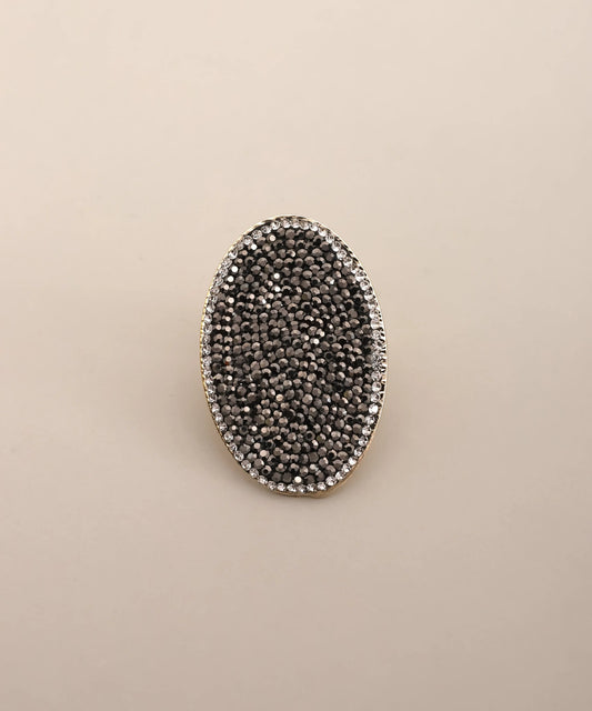 Black Crystal Oval Pave Statement Ring Gold Adjustable