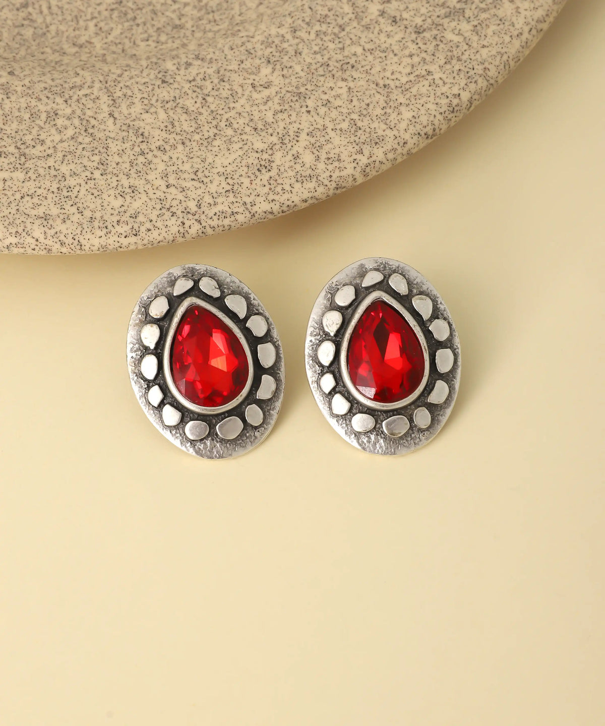 Silver Red Teardrop Gemstone Vintage Stud Earrings