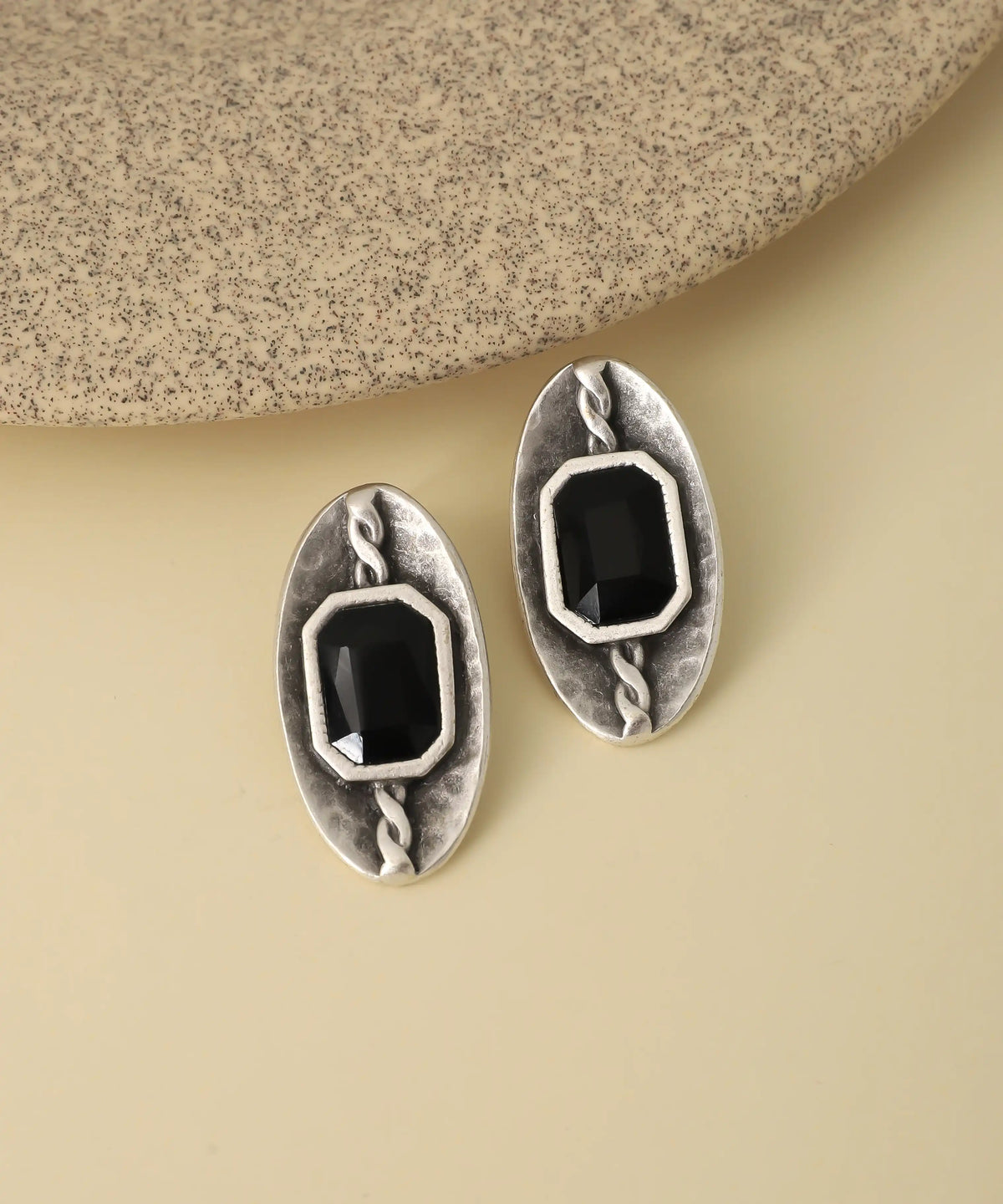 Vintage Silver Black Emerald Cut Stud Earrings