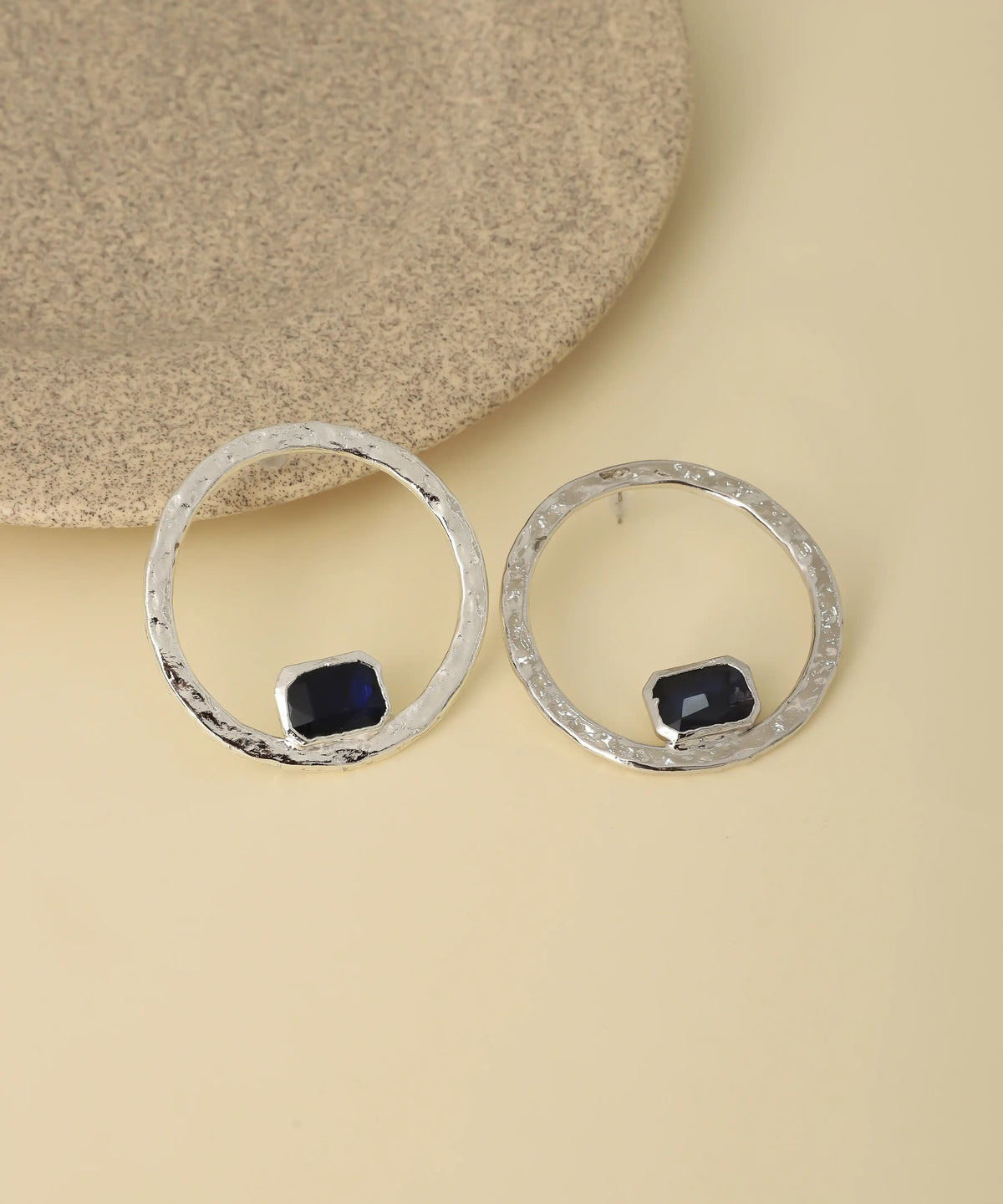 Minimalist Silver Circle Black Stone Earrings