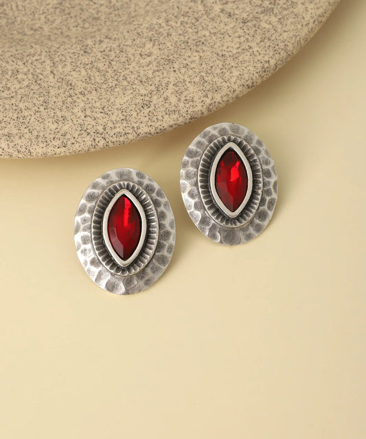 Vintage Silver Red Marquise Stud Earrings