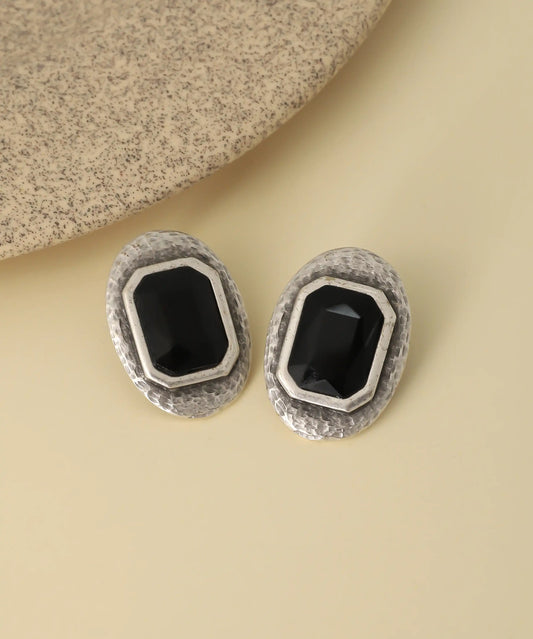 Vintage Silver Black Octagon Stud Earrings