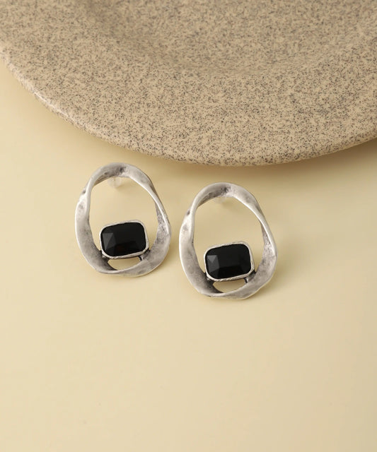 Vintage Irregular Silver Black Stone Earrings