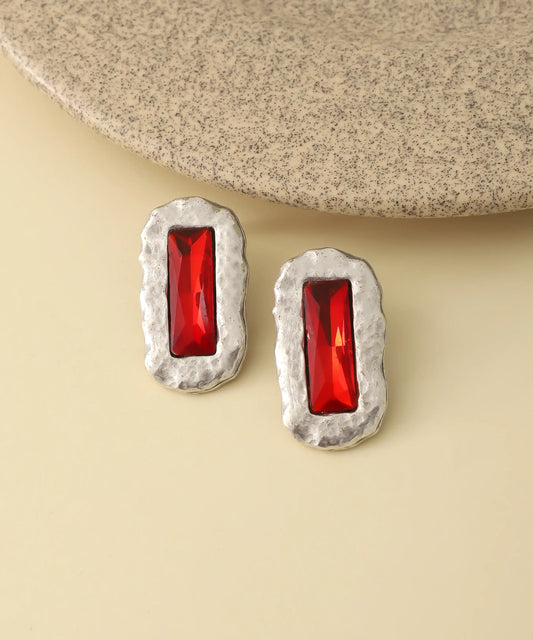 Vintage Silver Red Rectangle Crystal Earrings