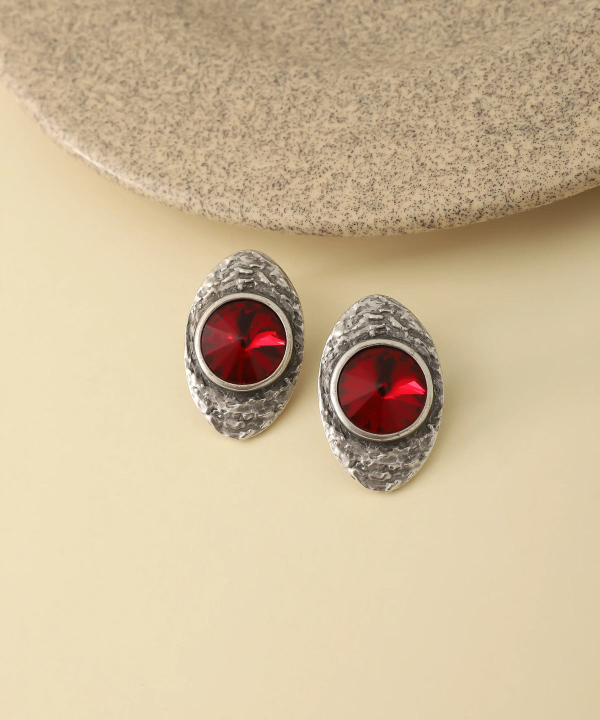 Vintage Silver Red Round Crystal Earrings