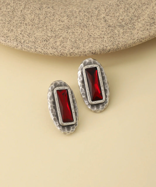 Vintage Silver Ruby Rectangle Stud Earrings