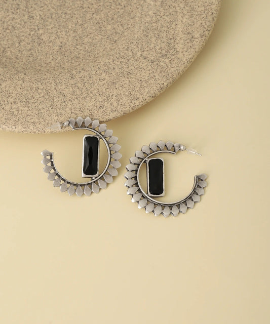 Vintage Black Stone Spiral Hoop Earrings
