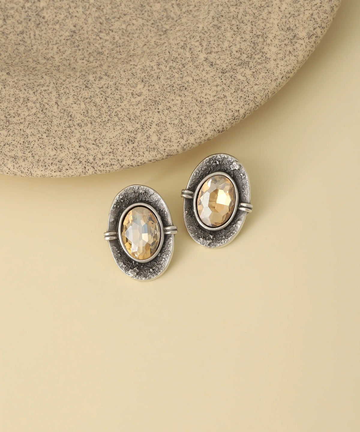 Silver Oval Champagne Crystal Earrings