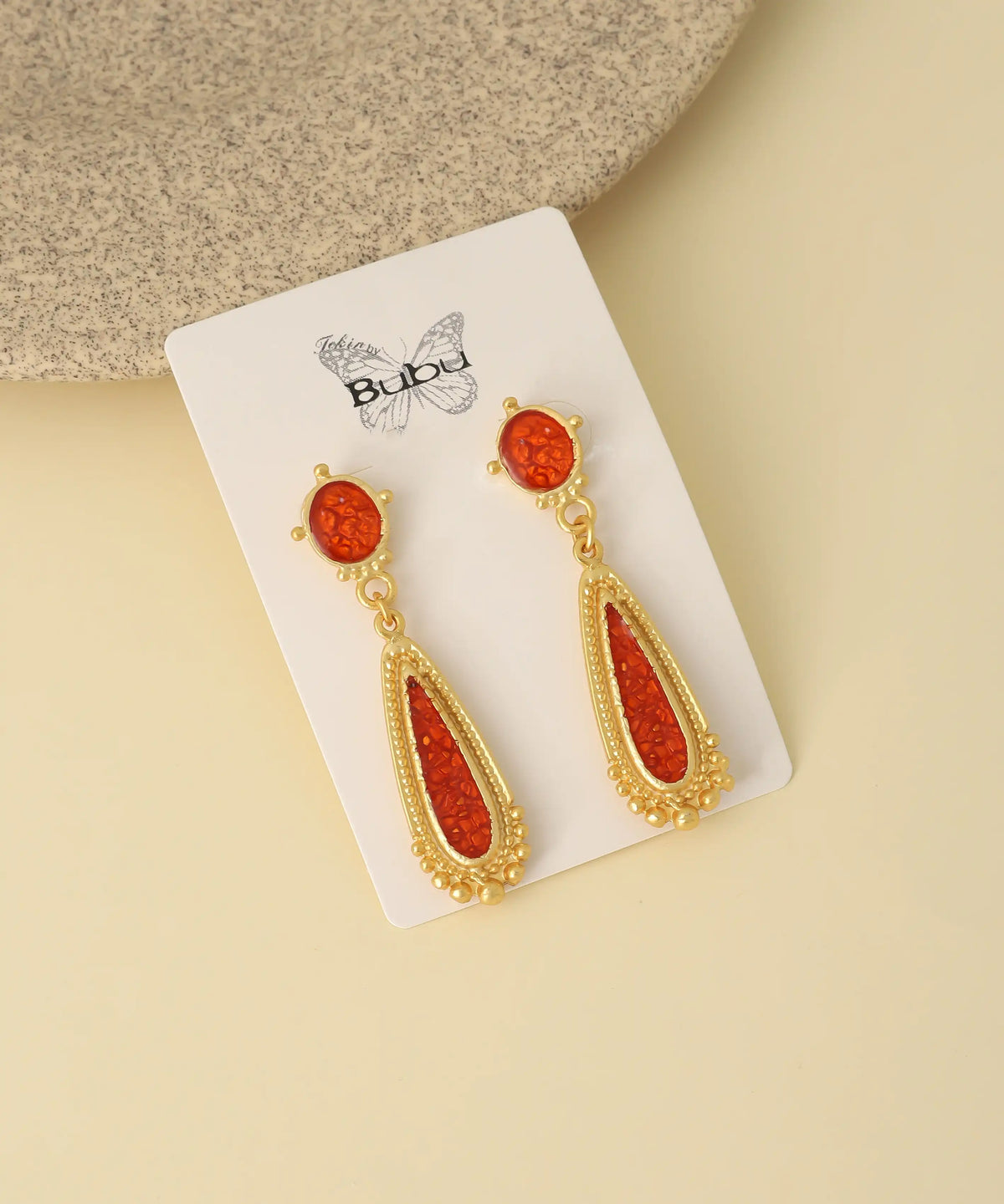 Gold Bohemian Orange Teardrop Earrings