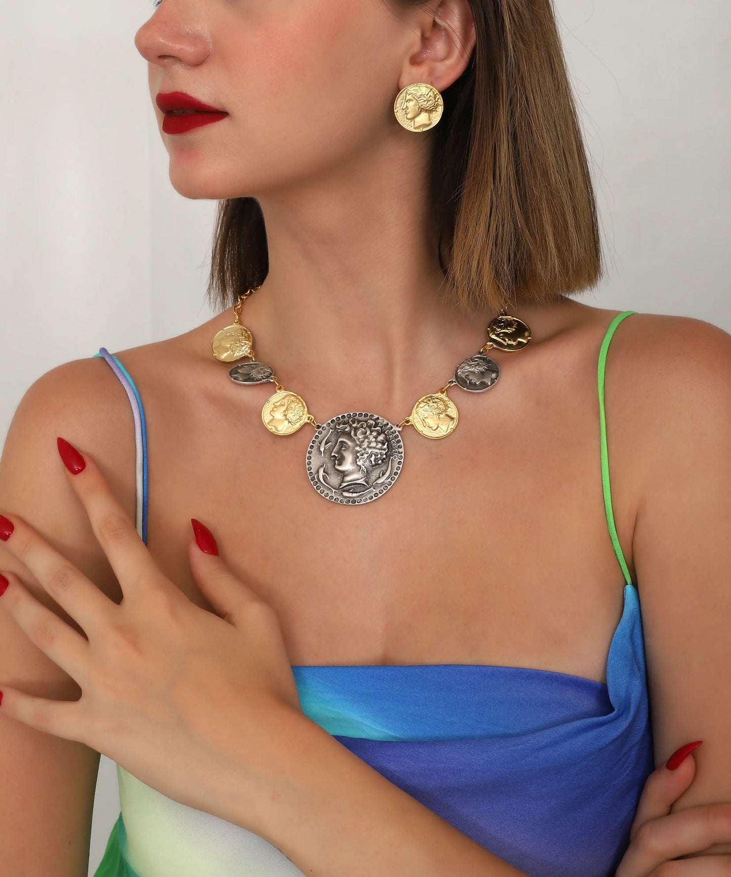 Gold Silver Coin Necklace & Earring Set