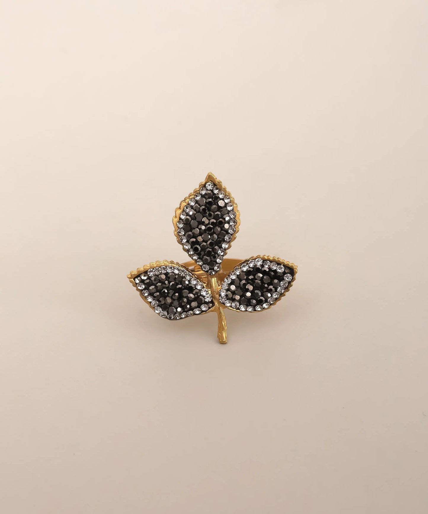 Black Crystal Leaf Trio Statement Ring Gold Adjustable