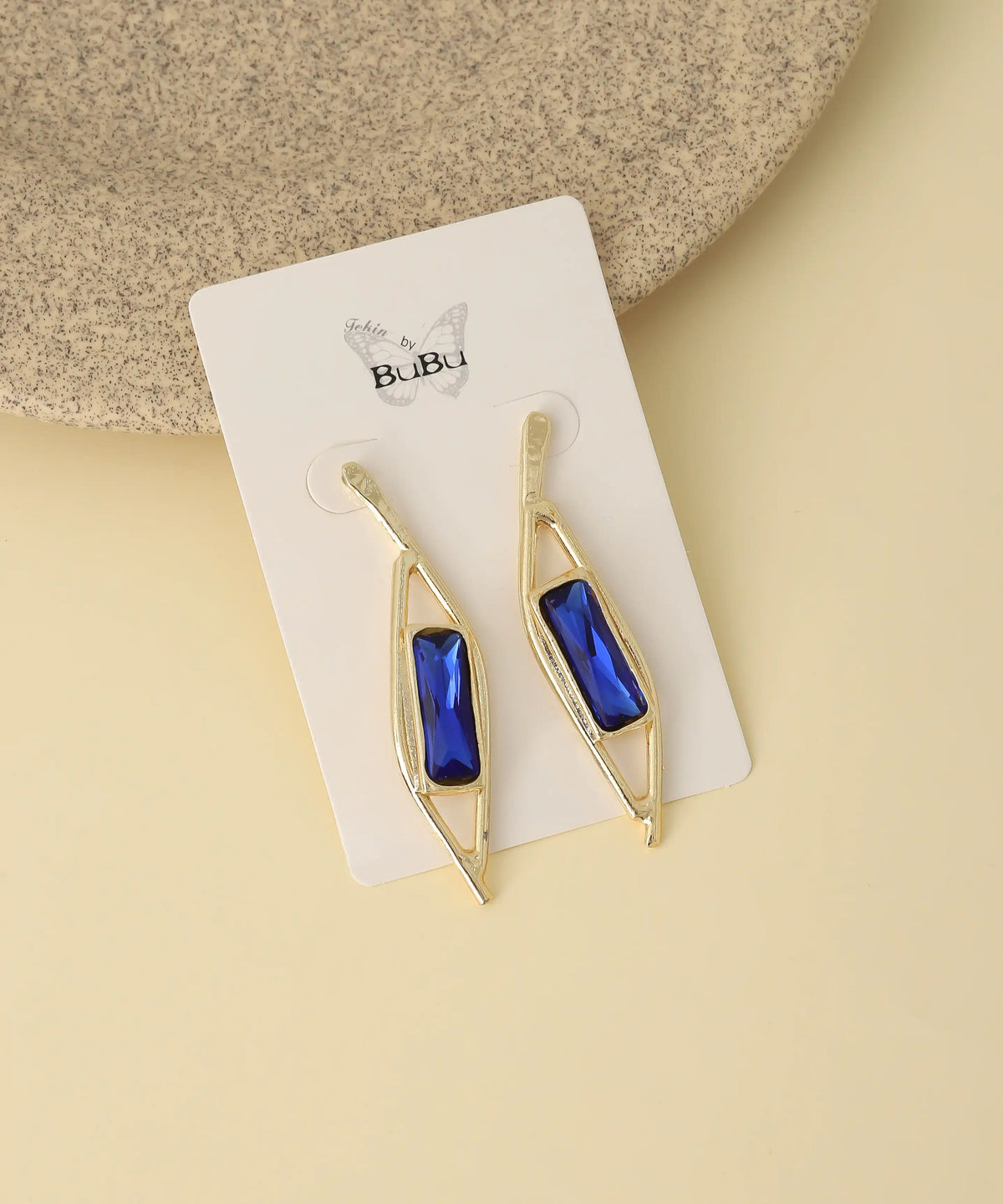 Gold Geometric Blue Crystal Drop Earrings