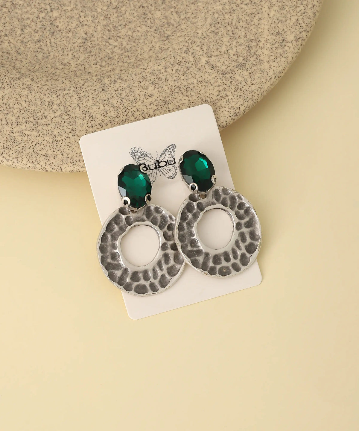 Silver Emerald Hammered Circle Earrings