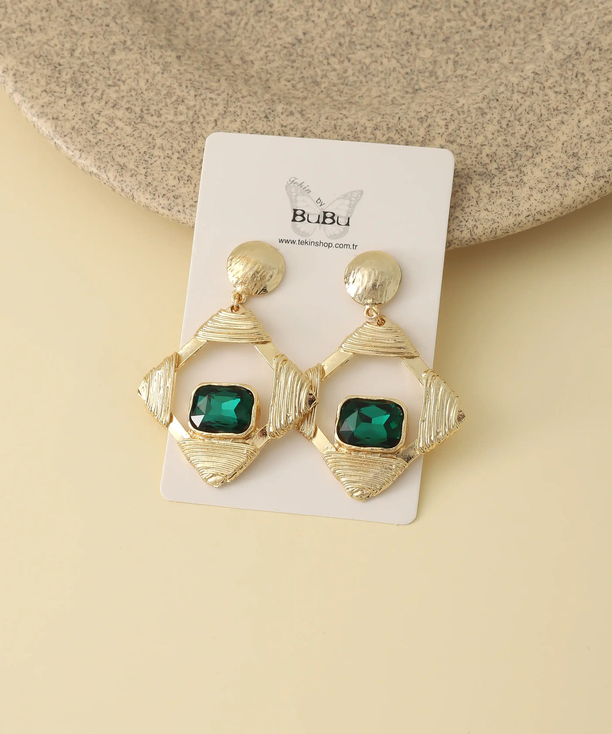 Gold Emerald Geometric Statement Earrings