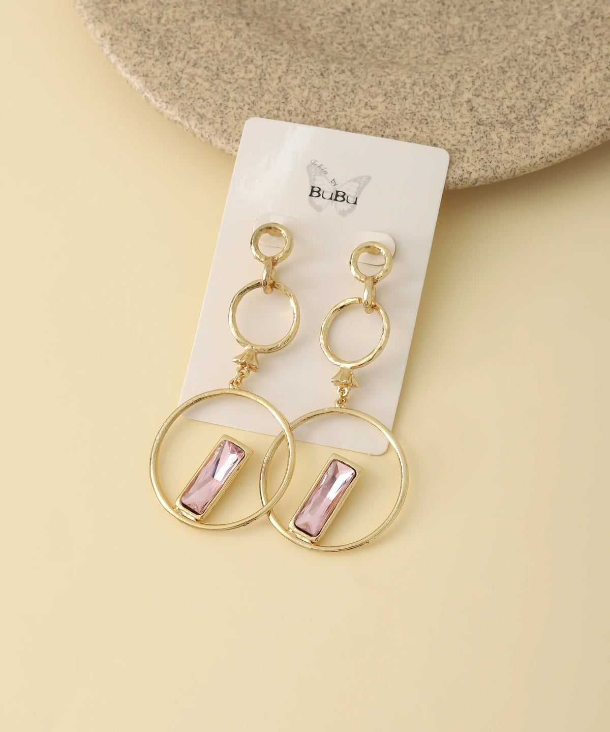 Gold Pink Crystal Circle Drop Earrings