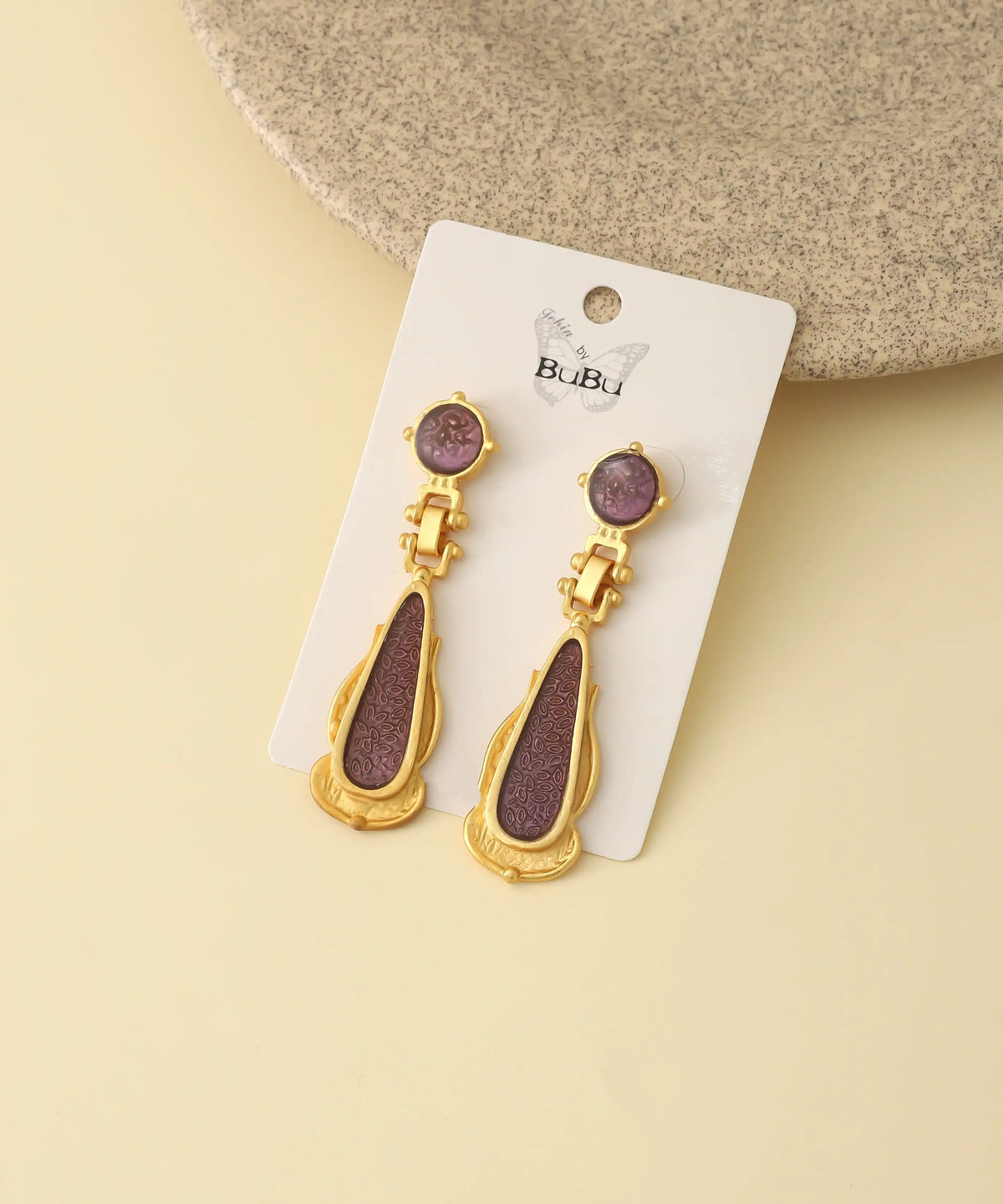 Gold Purple Artisan Drop Earrings