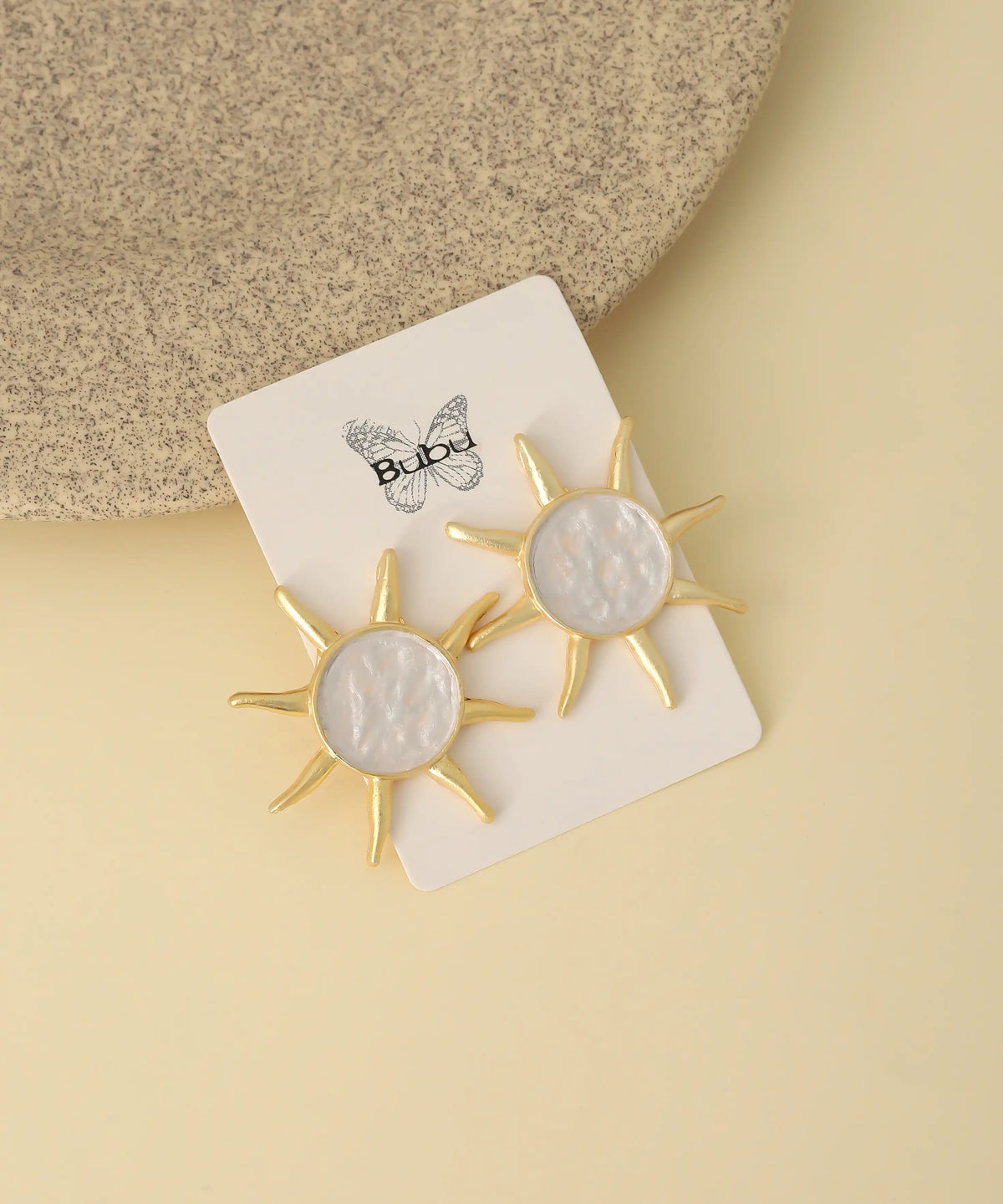 Gold White Sunburst Statement Earrings