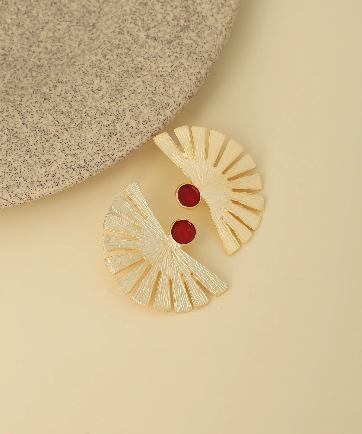 Gold Red Fan Statement Earrings