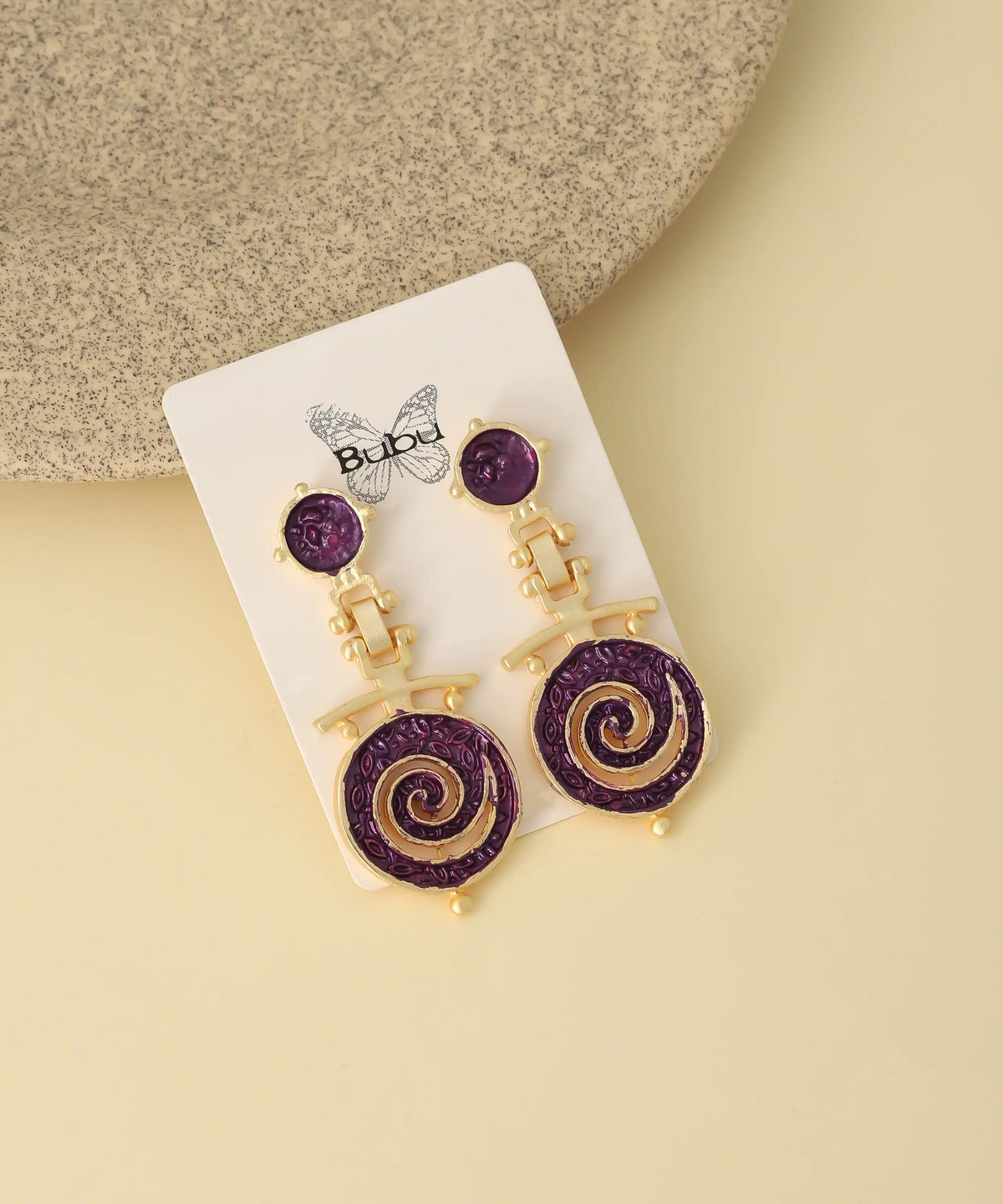 Gold Purple Spiral Statement Earrings