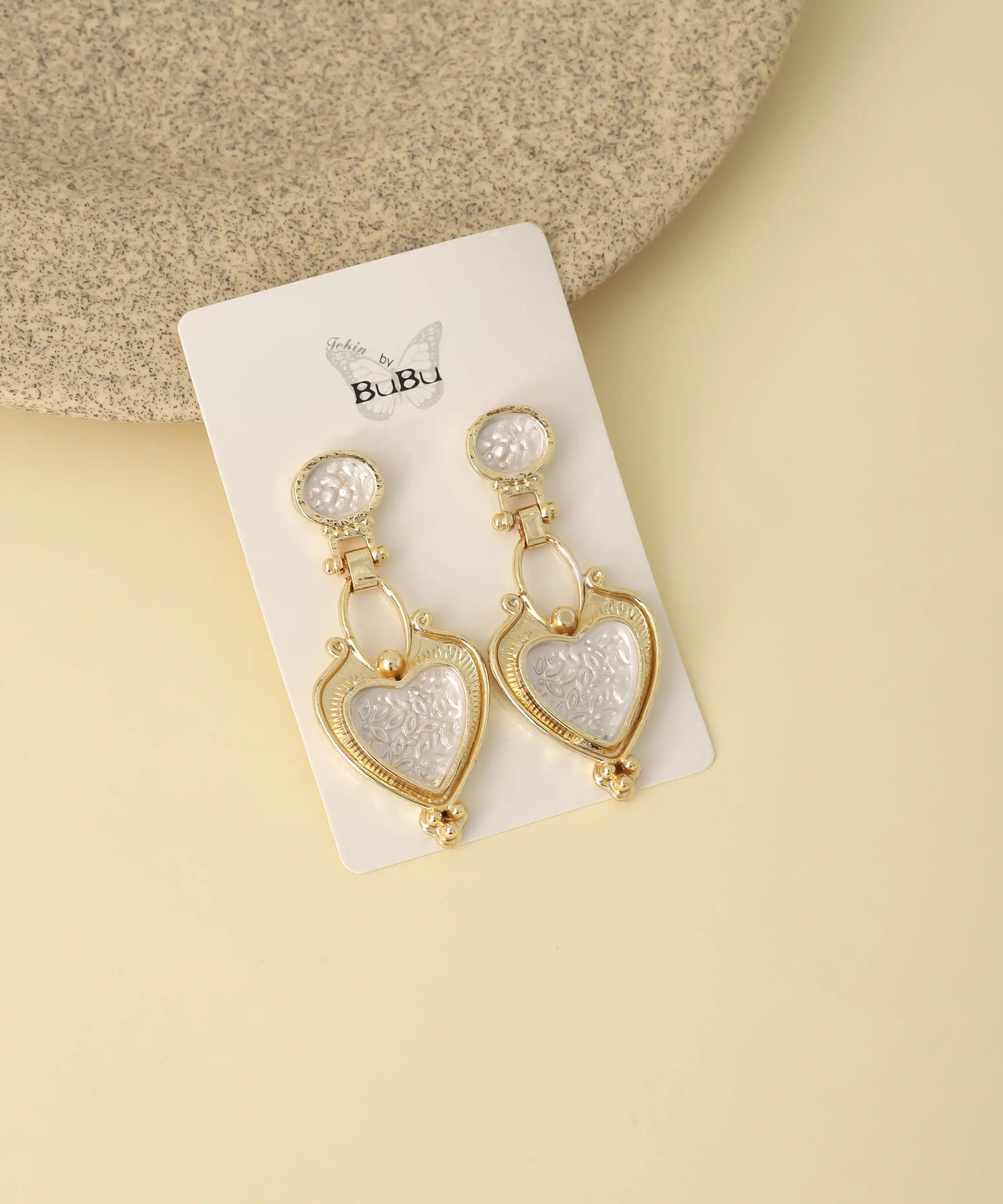 Gold White Heart Dangle Earrings