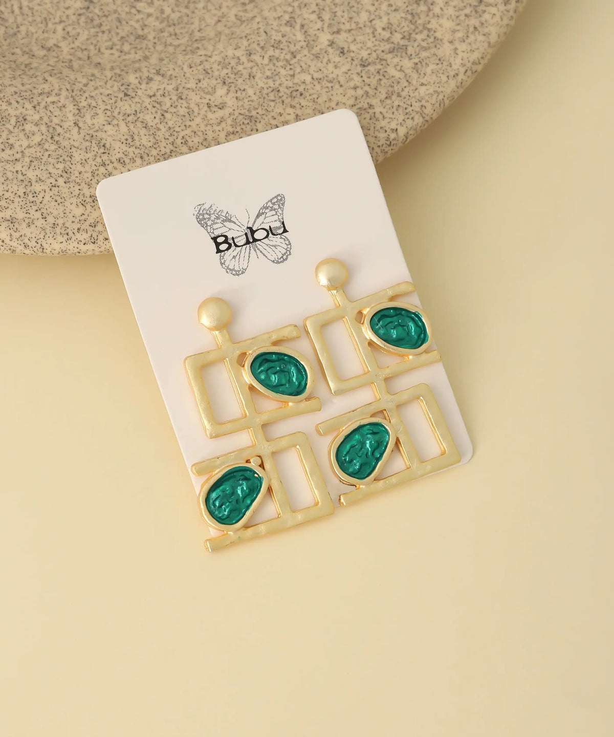 Gold Geometric Green Statement Earrings