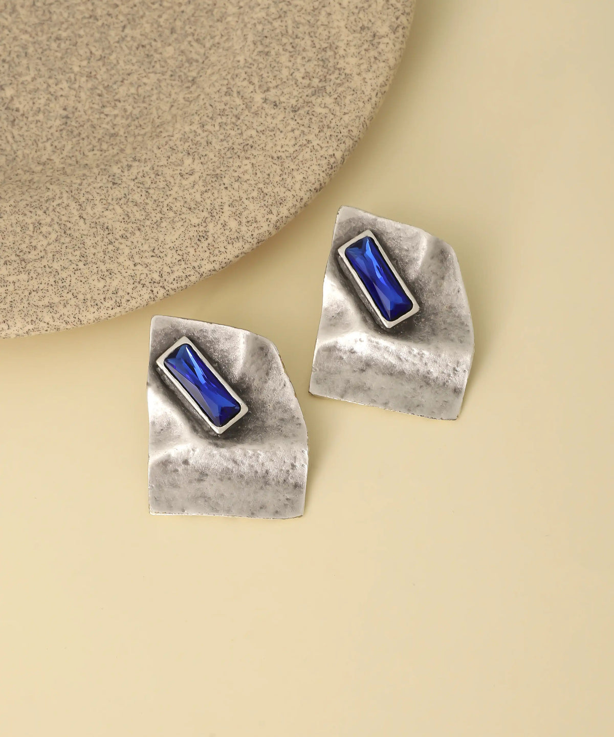 Vintage Silver Blue Crystal Geometric Stud Earrings