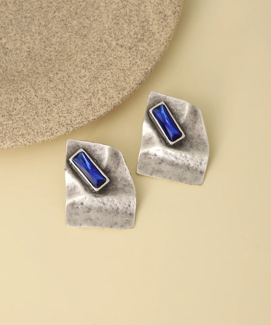 Vintage Silver Blue Crystal Geometric Stud Earrings