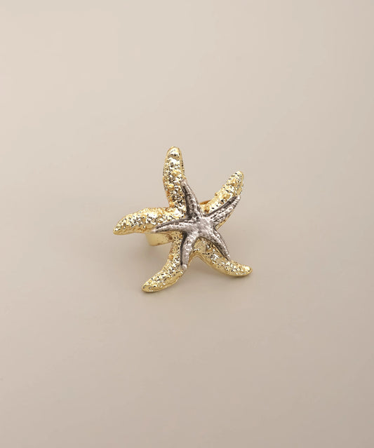 Dual Tone Starfish Textured Statement Ring Gold Silver Adjustable