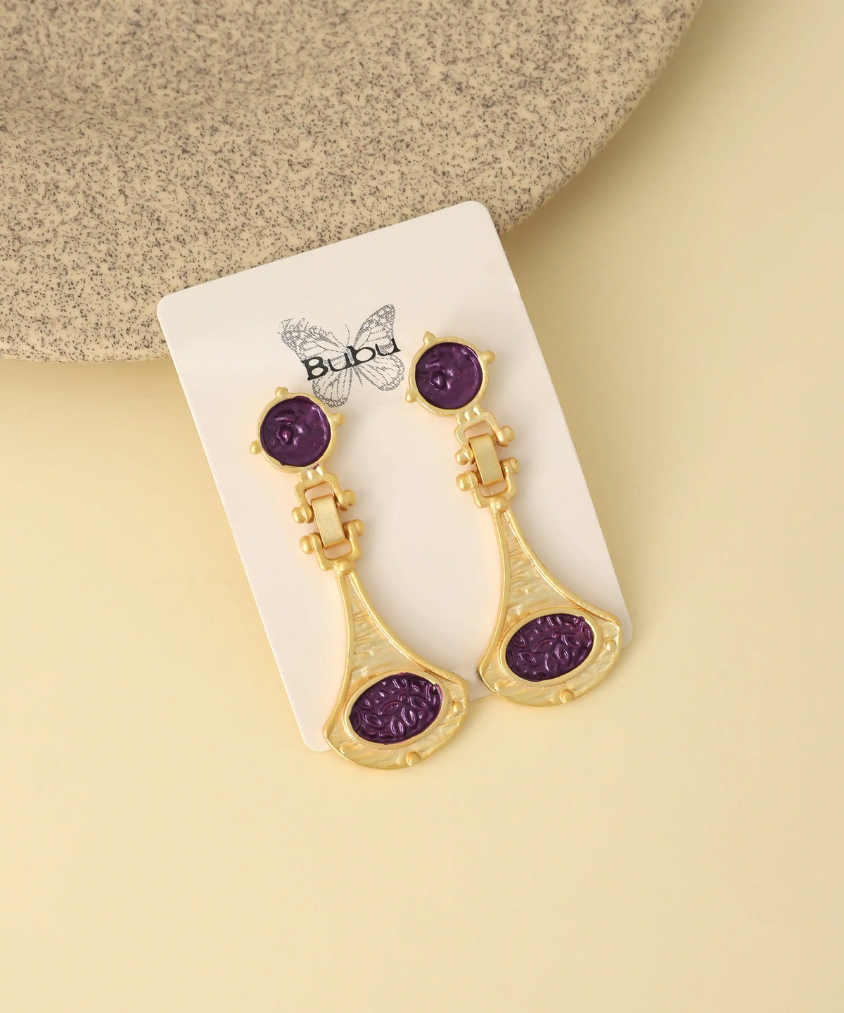 Gold Purple Artisan Drop Earrings