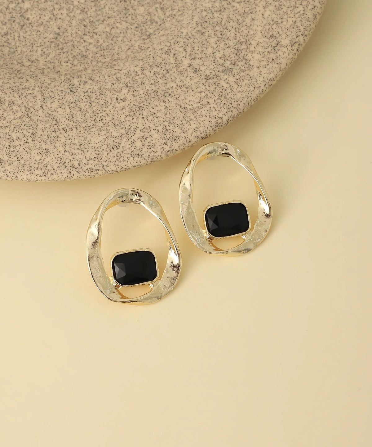 Gold Organic Black Stone Earrings