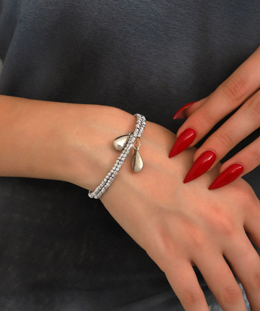 Silver Double Wrap Drop Charm Bracelet