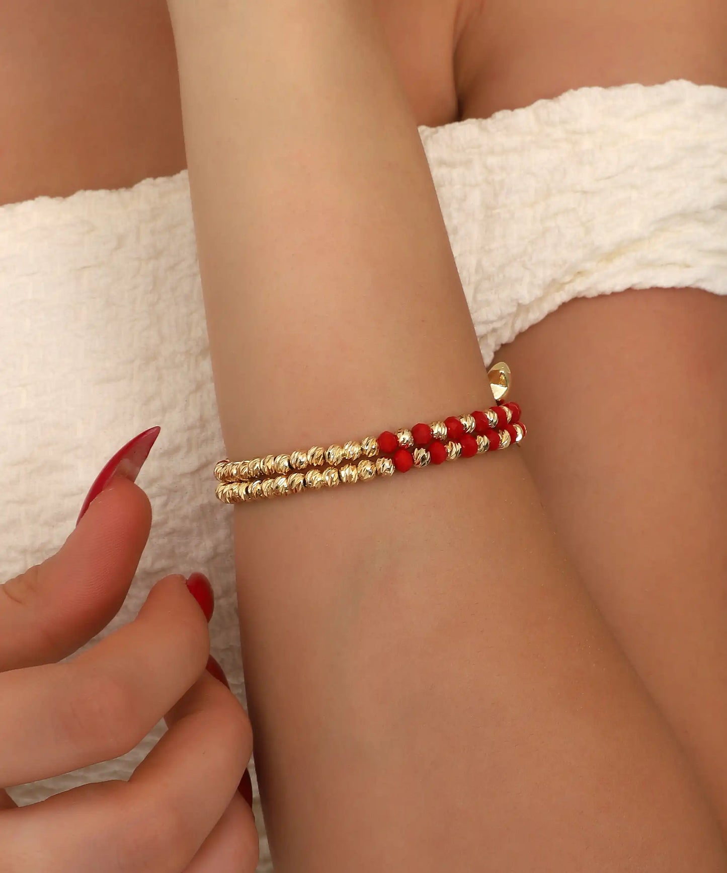 Gold Red Beaded Bracelet