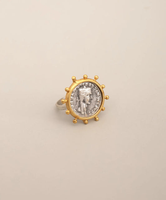 Gold Roman Coin Sun Frame Ring