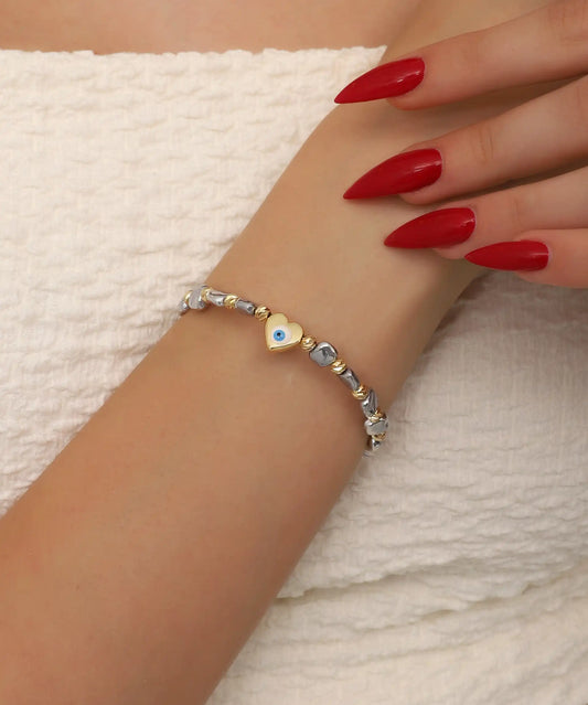 Gold Silver Heart Evil Eye Bracelet