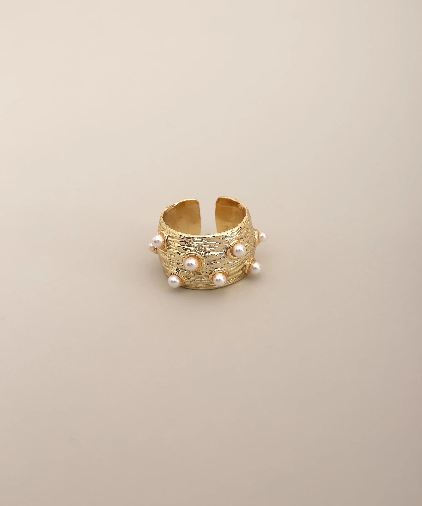 Gold Textured Pearl Wide Ring