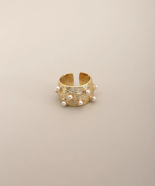 Gold Textured Pearl Wide Ring