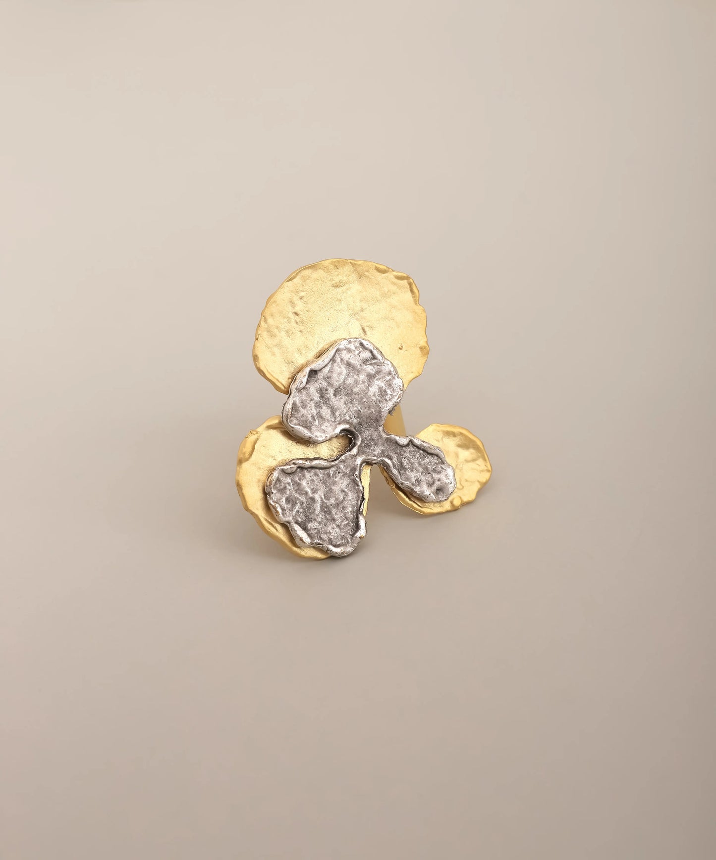 Gold Abstract Flower Silver Texture Ring