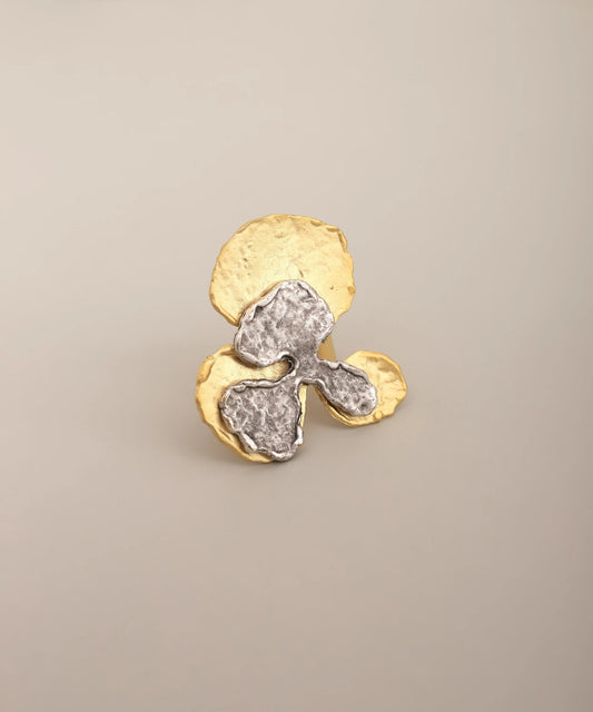Gold Abstract Flower Silver Texture Ring