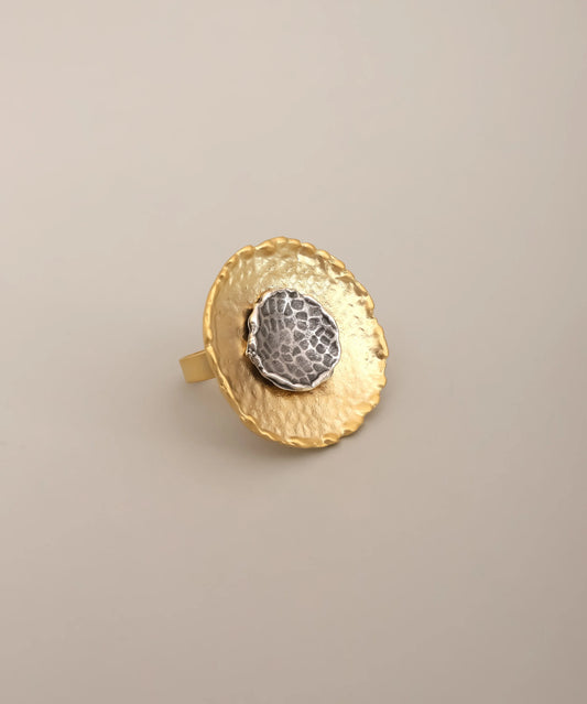 Gold Hammered Disc Ring with Silver Center