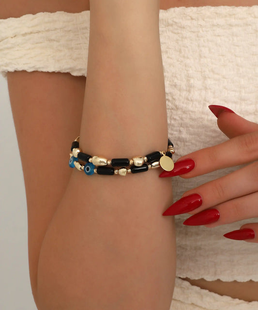 Black Beaded Evil Eye Double Bracelet