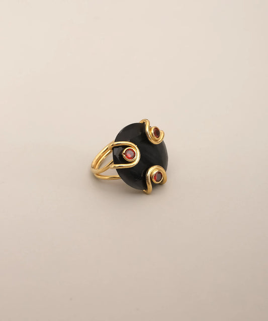 Black Stone Red Detail Adjustable Ring