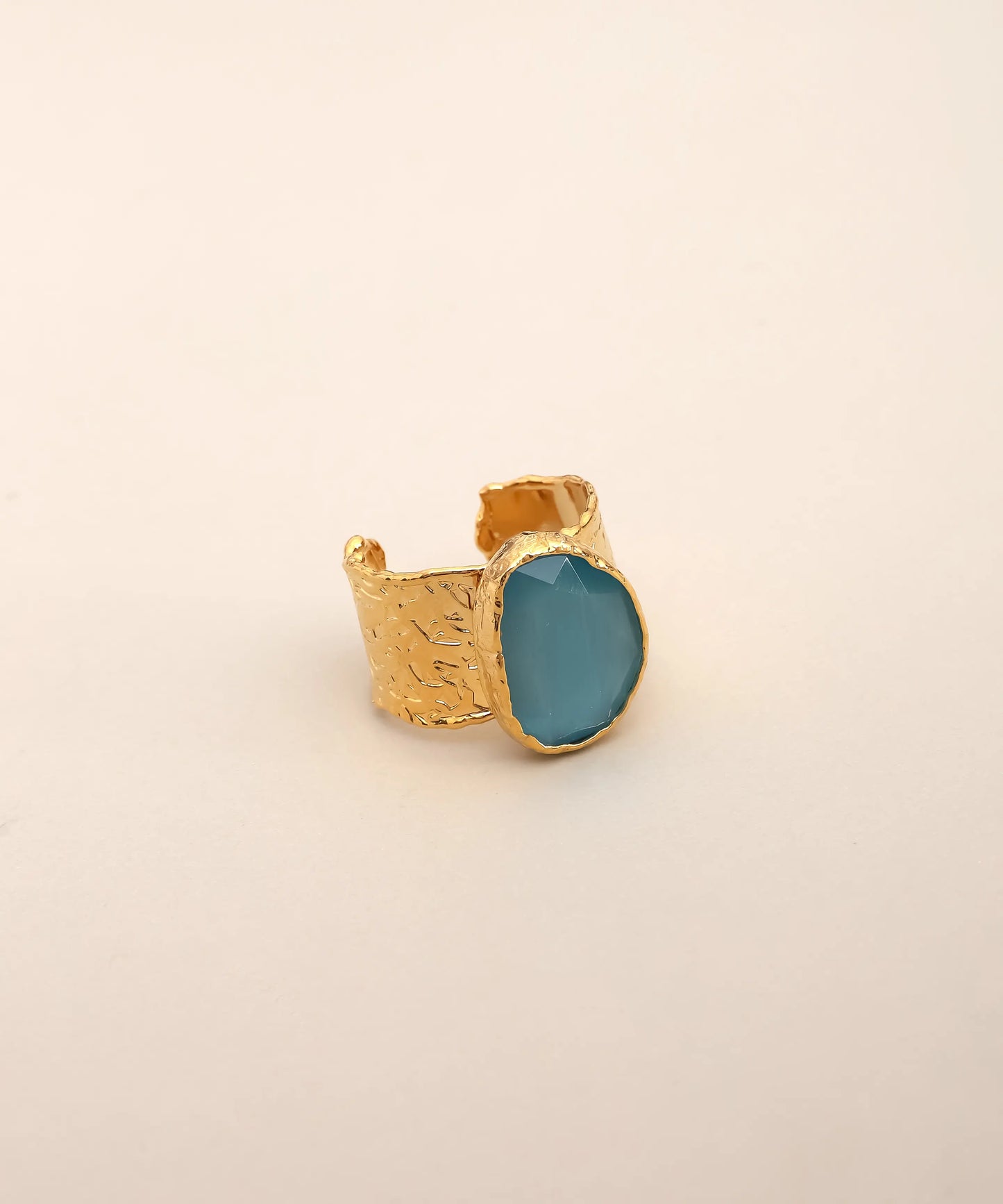 Wide Textured Gold Ring with Blue Stone